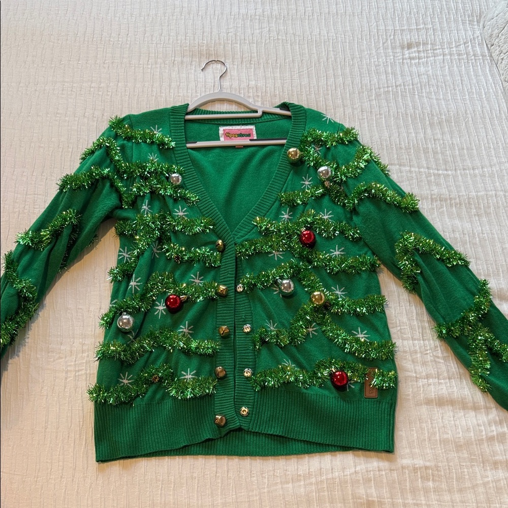 Green Christmas Sweater with Ornament Details